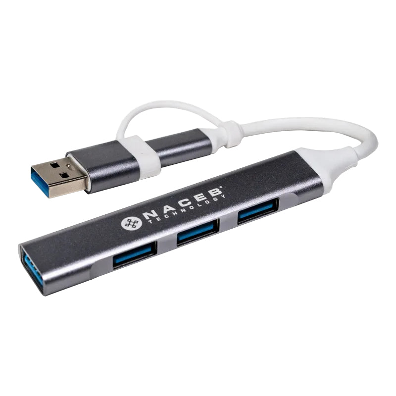 Naceb Technology NA-0124 nodo concentrador USB Tipo C Plata, Aluminio, Elastómero termoplástico (TPE), 0.011 m