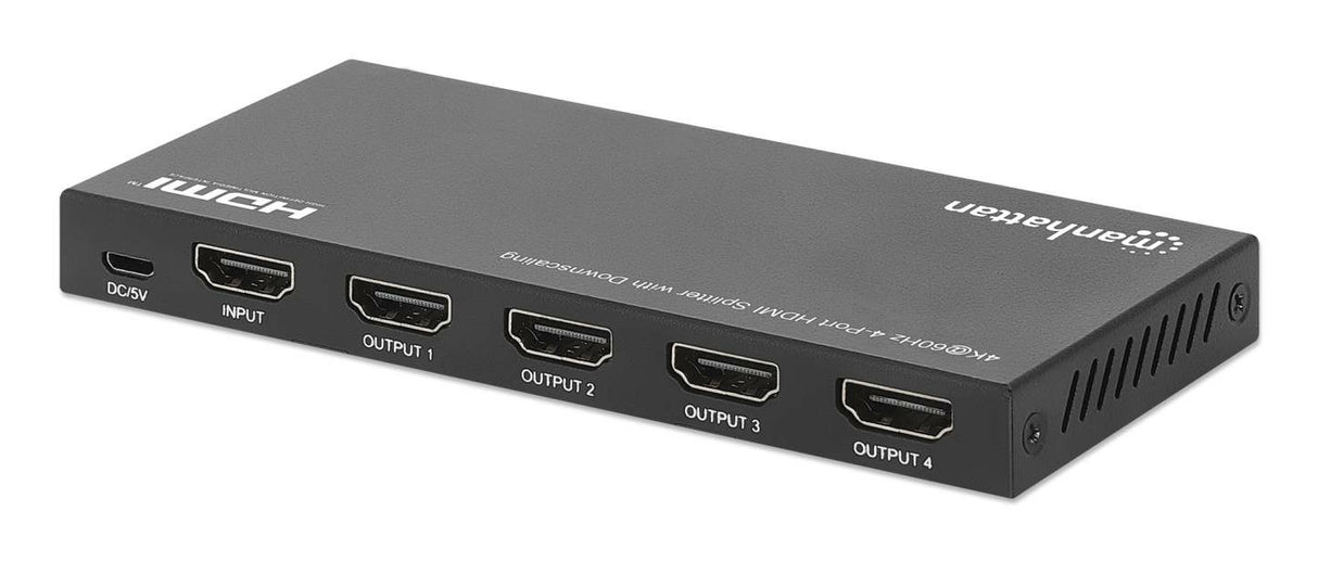 Manhattan Splitter HDMI de 4 puertos con downscaling, 4K@60 Hz, distribuye 1 entrada HDMI a 4 salidas (misma señal), botón de reescalado 4K a 1080p, i