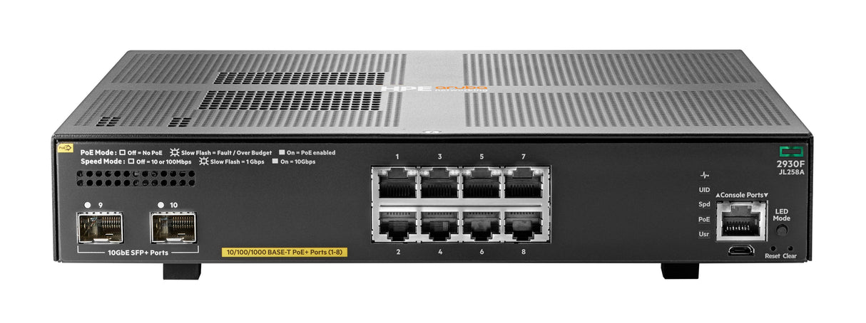 HPE Aruba Networking 2930F 8G PoE+ 2SFP+ Switch, Gestionado, Gigabit Ethernet (10/100/1000), Energía sobre Ethernet (PoE