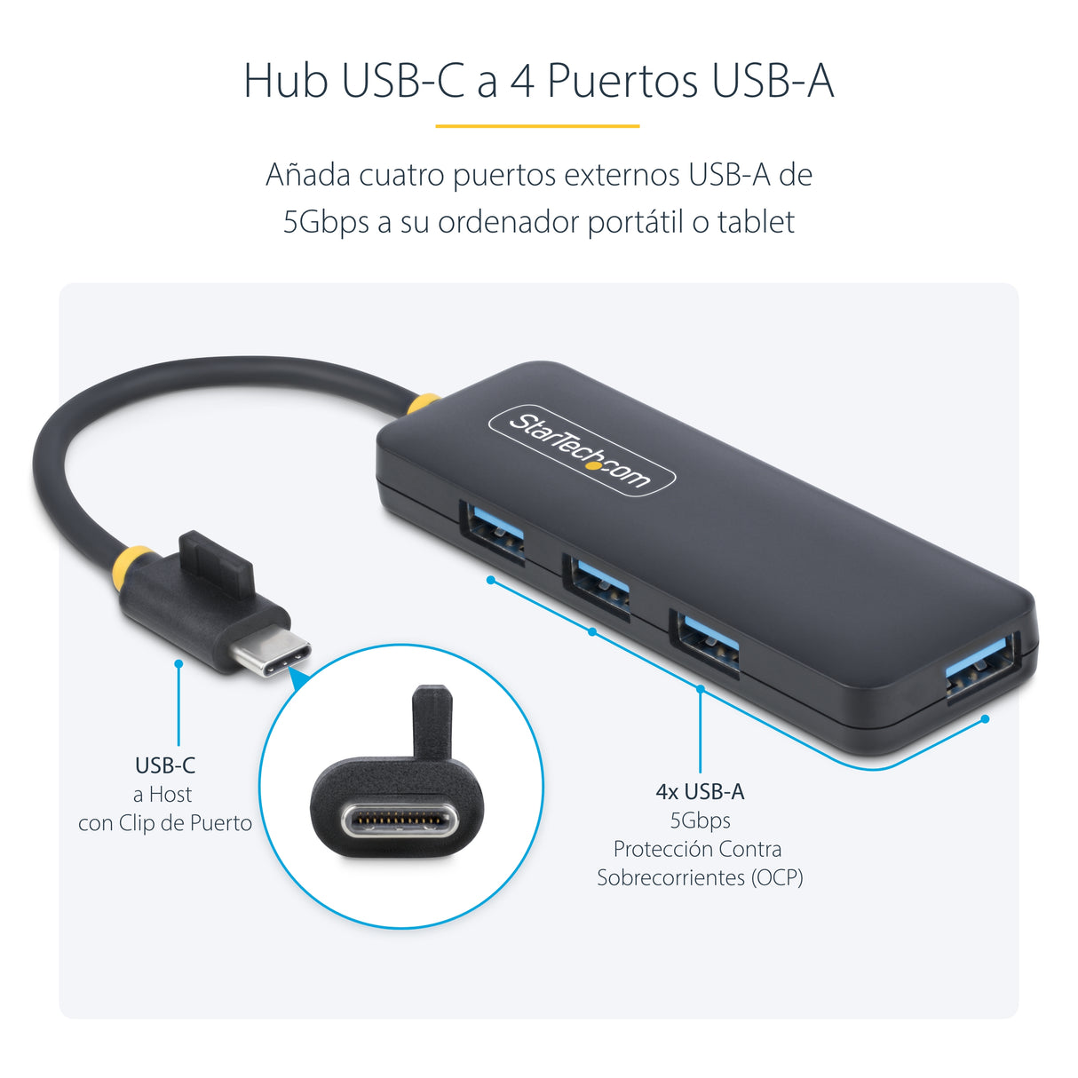 StarTech.com Hub USB-C de 4 Puertos - Ladrón USB Tipo C a 4 Puertos USB-A - Alimentado por el Bus - USB 3.0 de 5Gbps - H