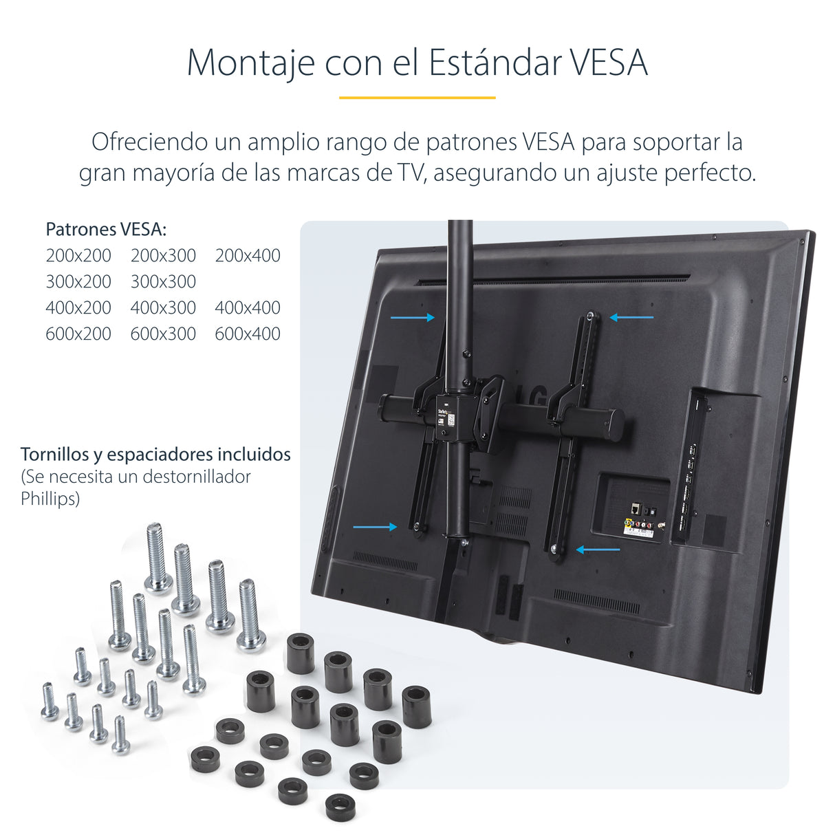 StarTech.com Soporte de Techo para TV - Soporte Universal de Cielo Raso para TV con Mástil Telescópico Largo Ajustable - Soporte VESA para Pantallas de 32" a 75" - Giro e Inclinación Monitor