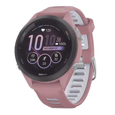 Garmin Forerunner® 265S, Bisel negro con carcasa en rosa y correa de silicona en rosa/gris