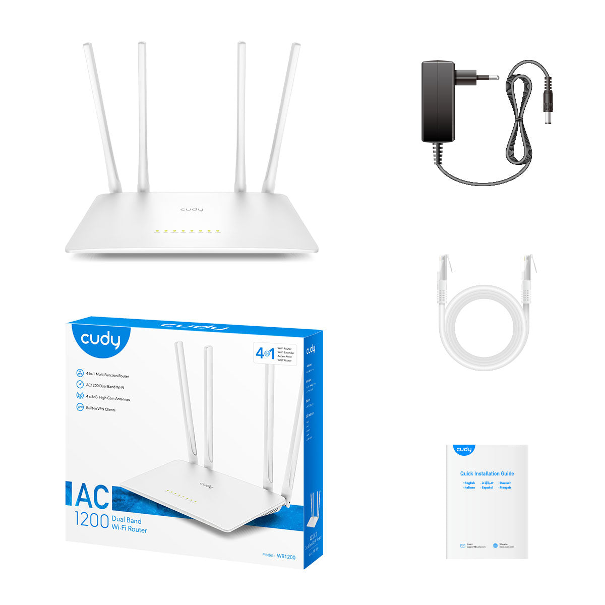 Cudy WR1200 router inalámbrico Ethernet rápido Doble banda (2,4 GHz / 5 GHz) Blanco, Wi-Fi 5 (802.11ac), Router de mesa