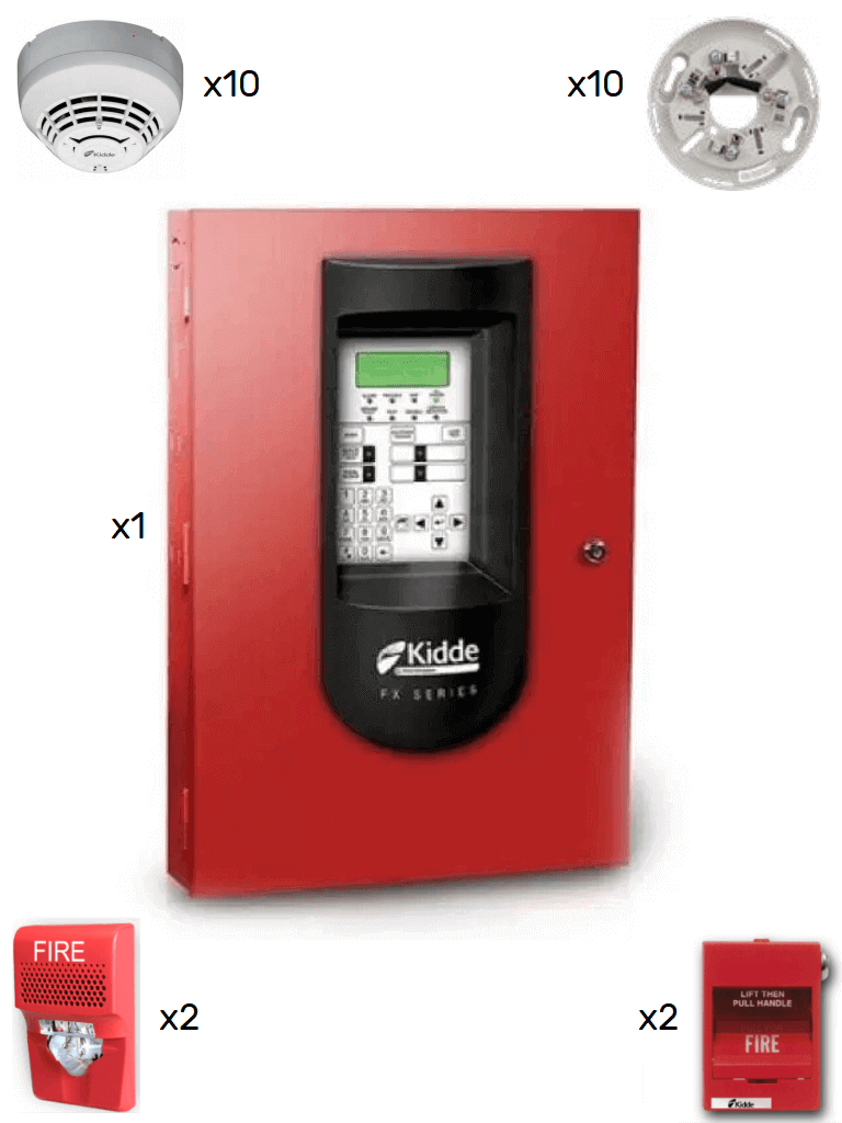 Panel de Alarma KIDDE FX64 con 10 Detectores de Humo, 2 Estaciones Manuales y 2 Sirenas Estrobo, 64 Zonas, 16 Teclados, 4 Salidas Aux.