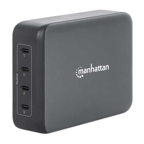 102667 - Manhattan Estación de carga GaN USB Power Delivery de 4 puertos, 240 W / PD 3.1, 4 puertos USB-C PD hasta 140 W por puerto, 240 W total, negro cargador de dispositivos móviles Corriente alterna 4 Si Interior