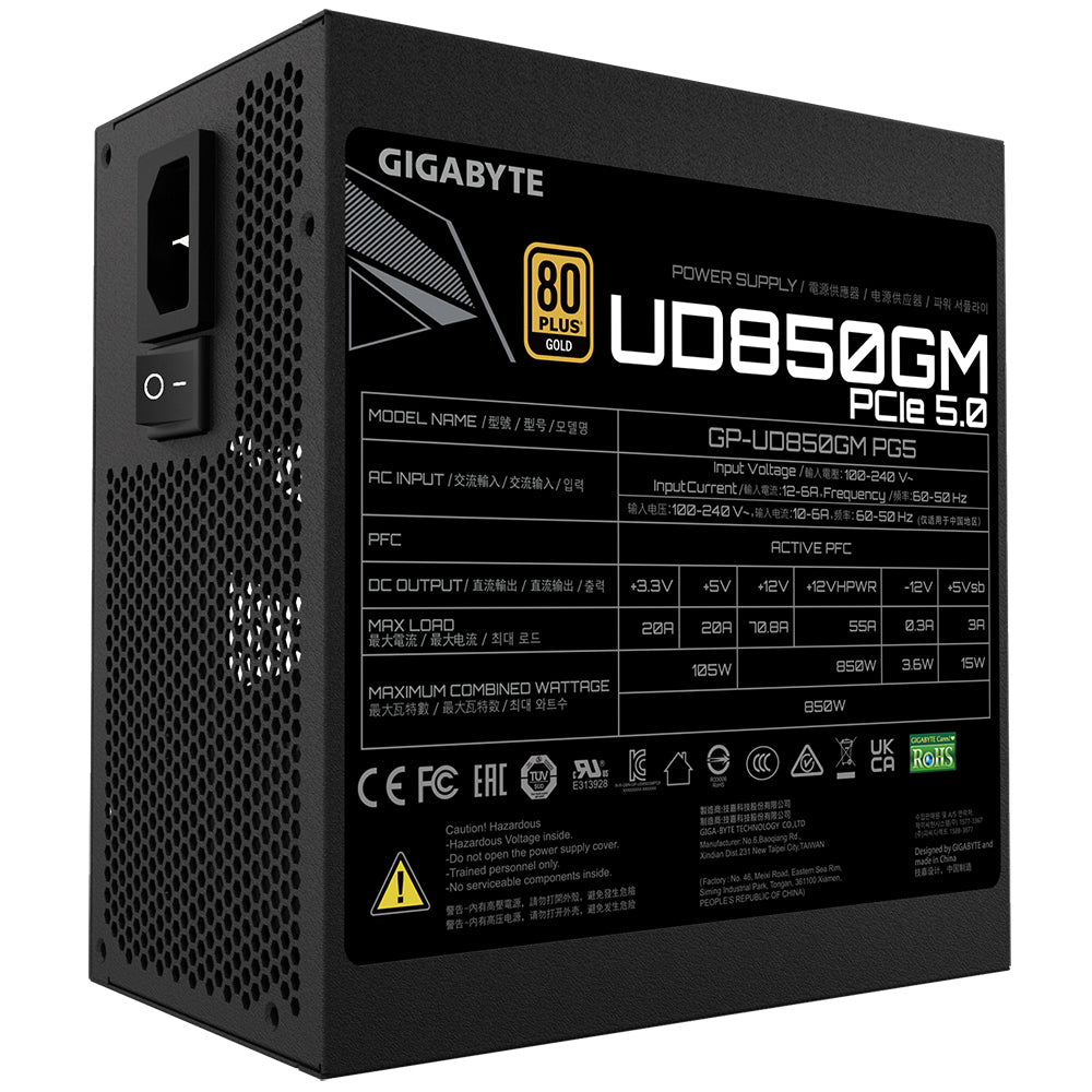 FUENTE DE PODER GIGABYTE UD850GM 80 PLUS GOLD, 20+4 PIN ATX, 120MM, 850W GP-UD850GM PG5