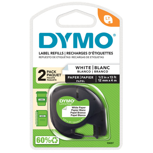 10697 - DYMO DYMO LetraTag Etiquetas de papel | Auténticas | Rollo de 12 mm x 4 m | Impresión en negro sobre etiquetas blancas | Etiquetas autoadhesivas multiuso para etiquetadoras LetraTag | 2 unidades Impresora