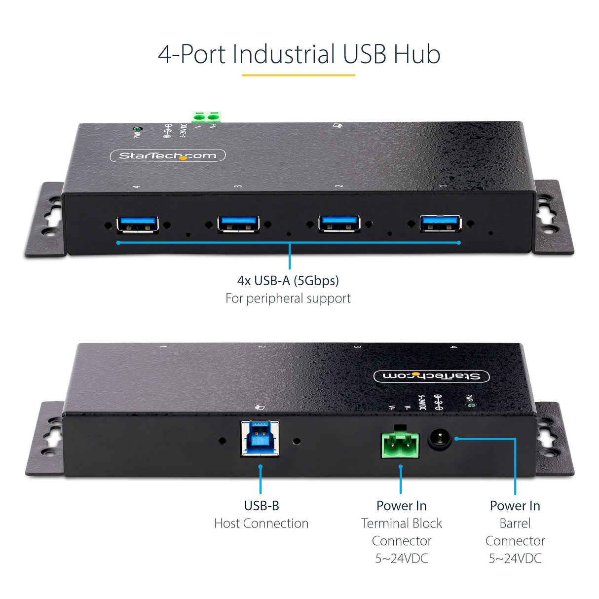 StarTech.com Hub Industrial USB 3.0 de 5Gbps de 4 Puertos - Concentrador USB con Protección de Picos y Descargas ESD - L