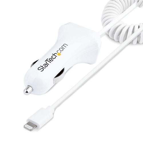 StarTech.com Cargador de Coche con Cable Rizado Lightning, Cable de 1m Rizado Lightning 12W Blanco, Cable Adaptador Carg