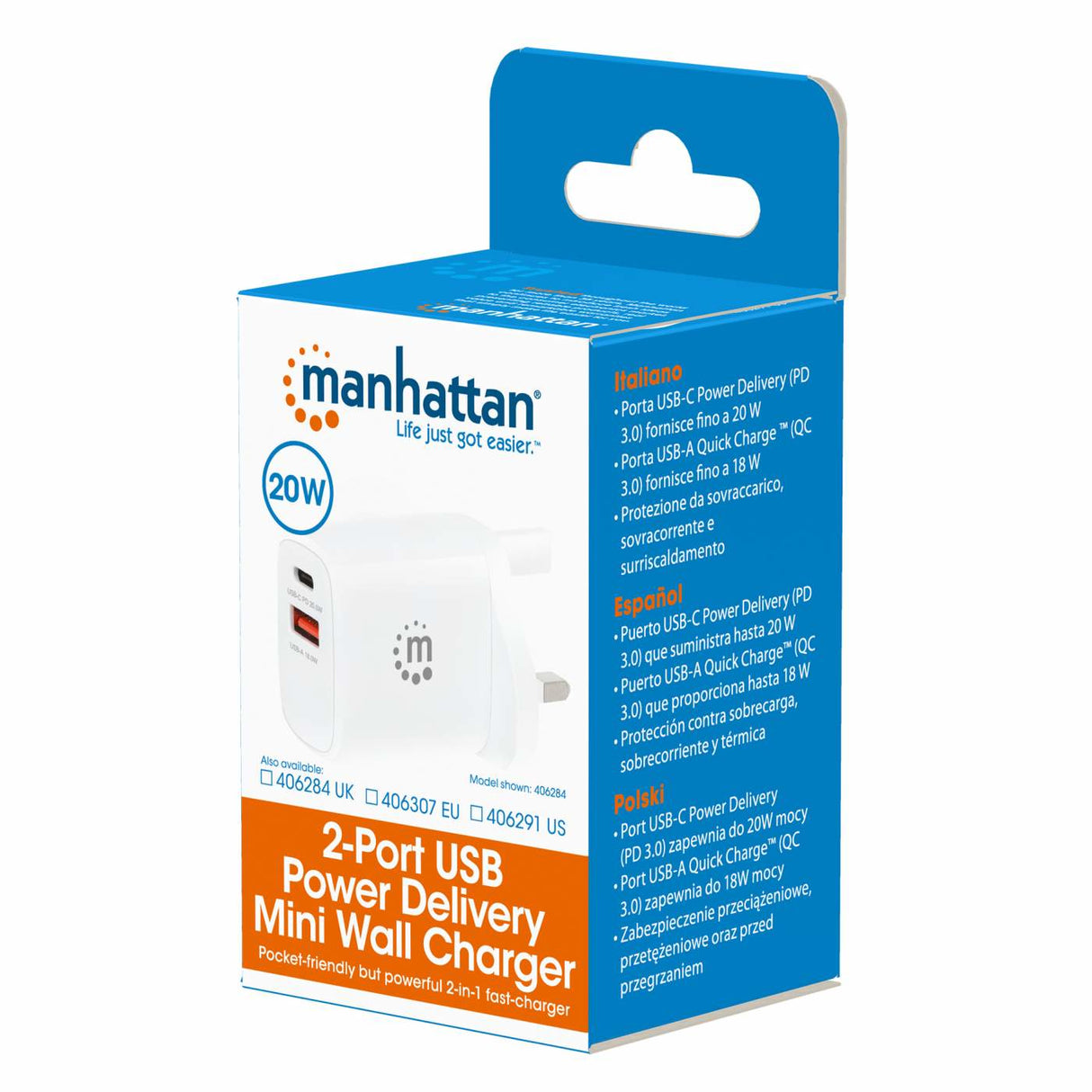 Manhattan 406291 adaptador e inversor de corriente Interior 20 W Blanco, Universal, 100 - 240 V