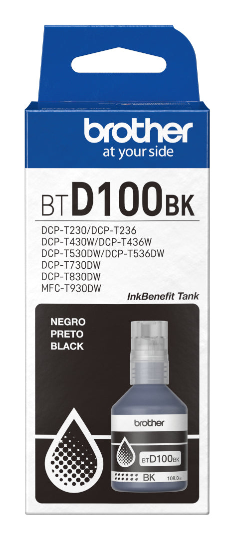 BOTELLA DE TINTA BTD100BK BROTHER DE COLOR NEGRO DE ULTRA ALTO RENDIMIENTO BTD100BK DE LA SERIE INKBENEFIT TANK IMPRIME