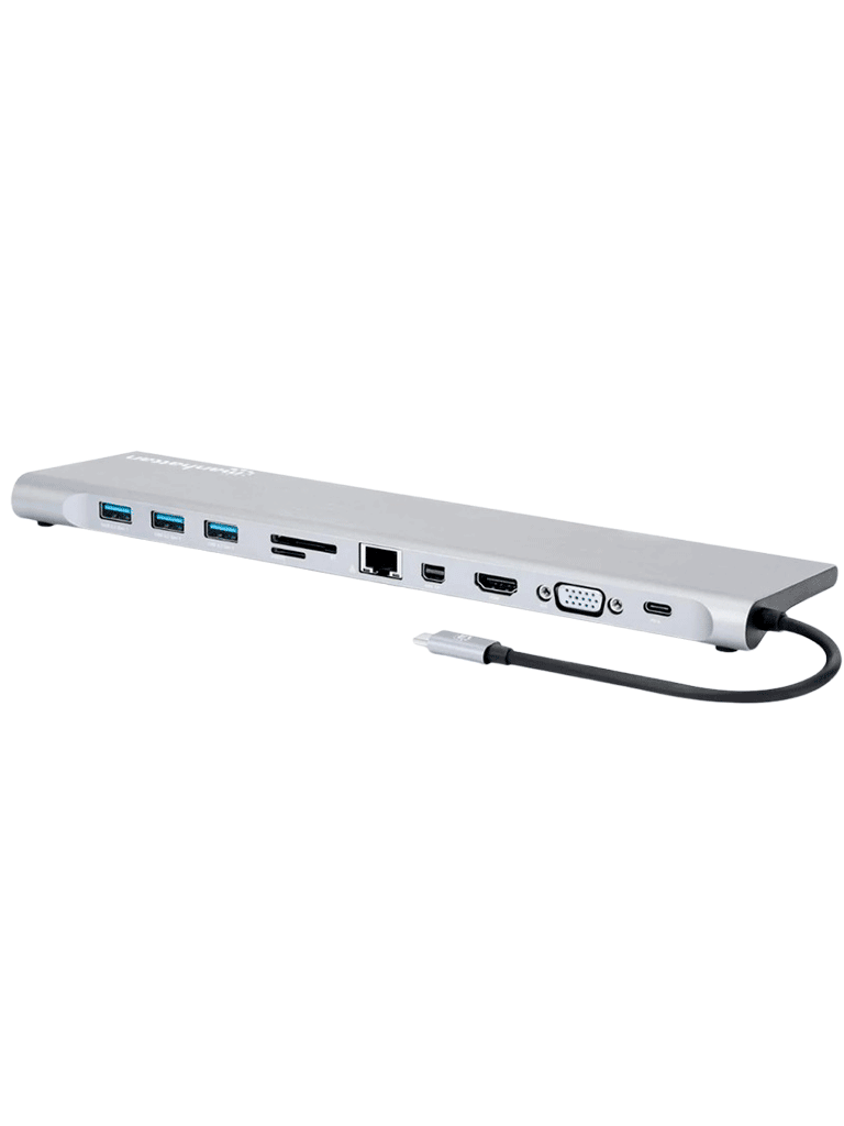Docking Station USB-C 11 en 1 Manhattan con MST para tres monitores, 4K, Gigabit Ethernet, 100W PD