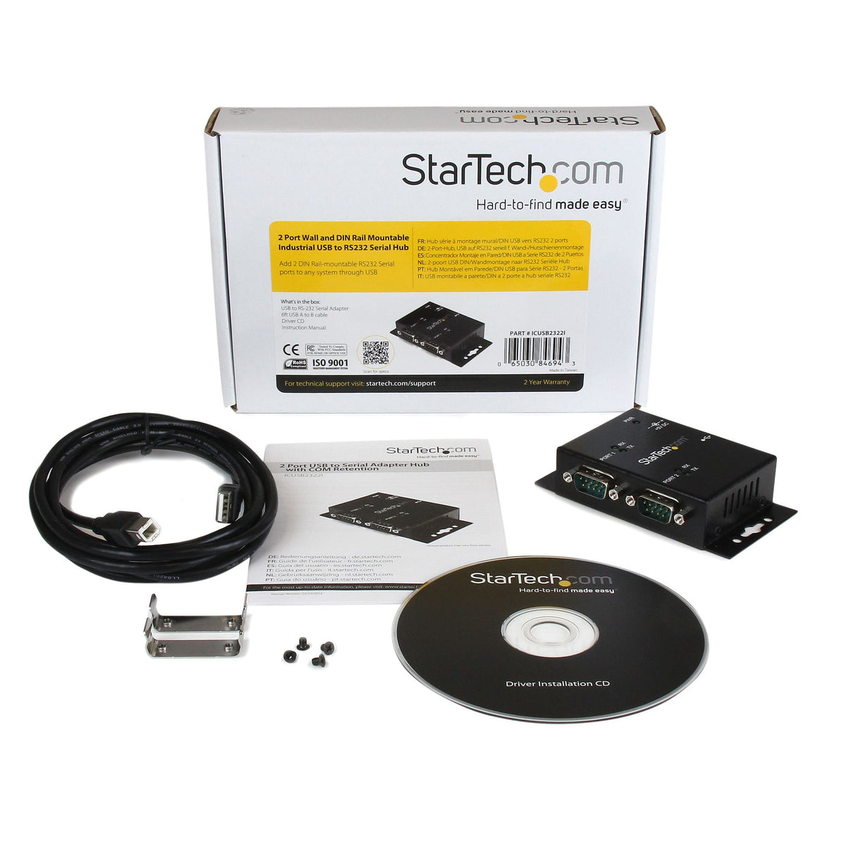 StarTech.com Concentrador Hub Industrial de 2 Puertos Serie Serial RS232 a USB Montaje Riel DIN Pared hubs de interfaz USB 2.0 Type-B De serie 2 2