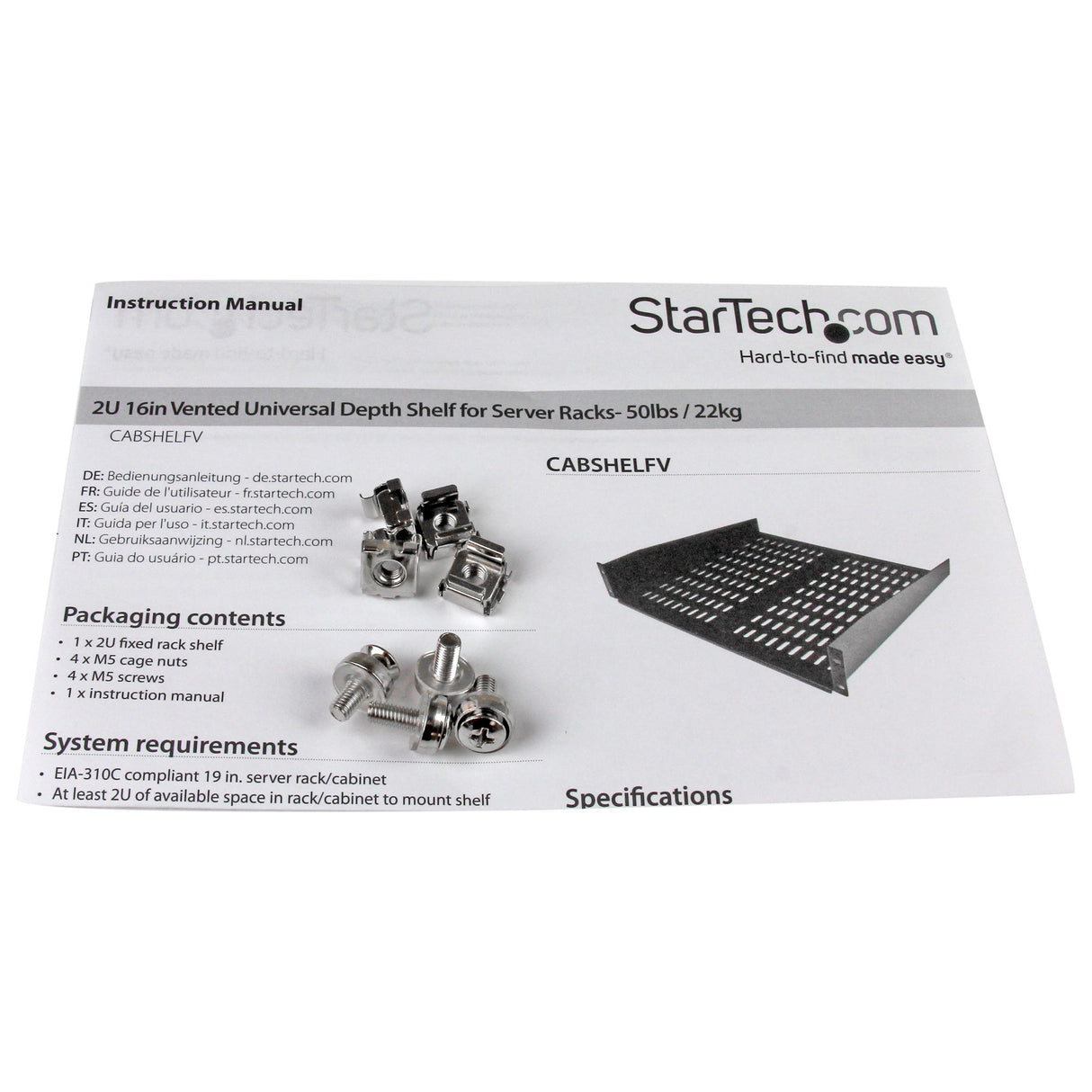 StarTech.com Estante Bandeja Ventilado Cantilever para Armario Rack de Servidores 2U Profundidad Fija - 22kg