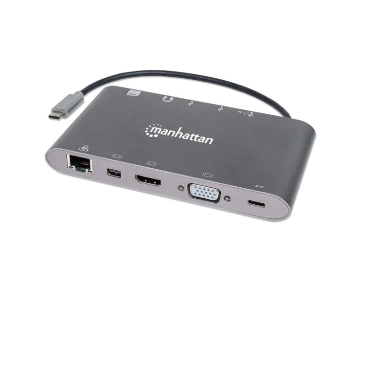 Convertidor Manhattan Video USB-C 7 en 1, 4K, Gigabit Ethernet, 3 Puertos USB 3.0, PD 100W