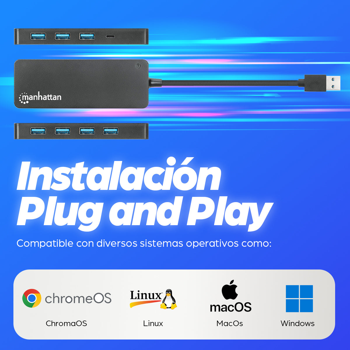 168403 - Manhattan Hub USB con 7 puertos USB-A 3.2 Hubs de interfaz 7 USB 3.2 Gen 1 (3.1 Gen 1) Type-A USB 3.2 Gen 1 (3.1 Gen 1)
