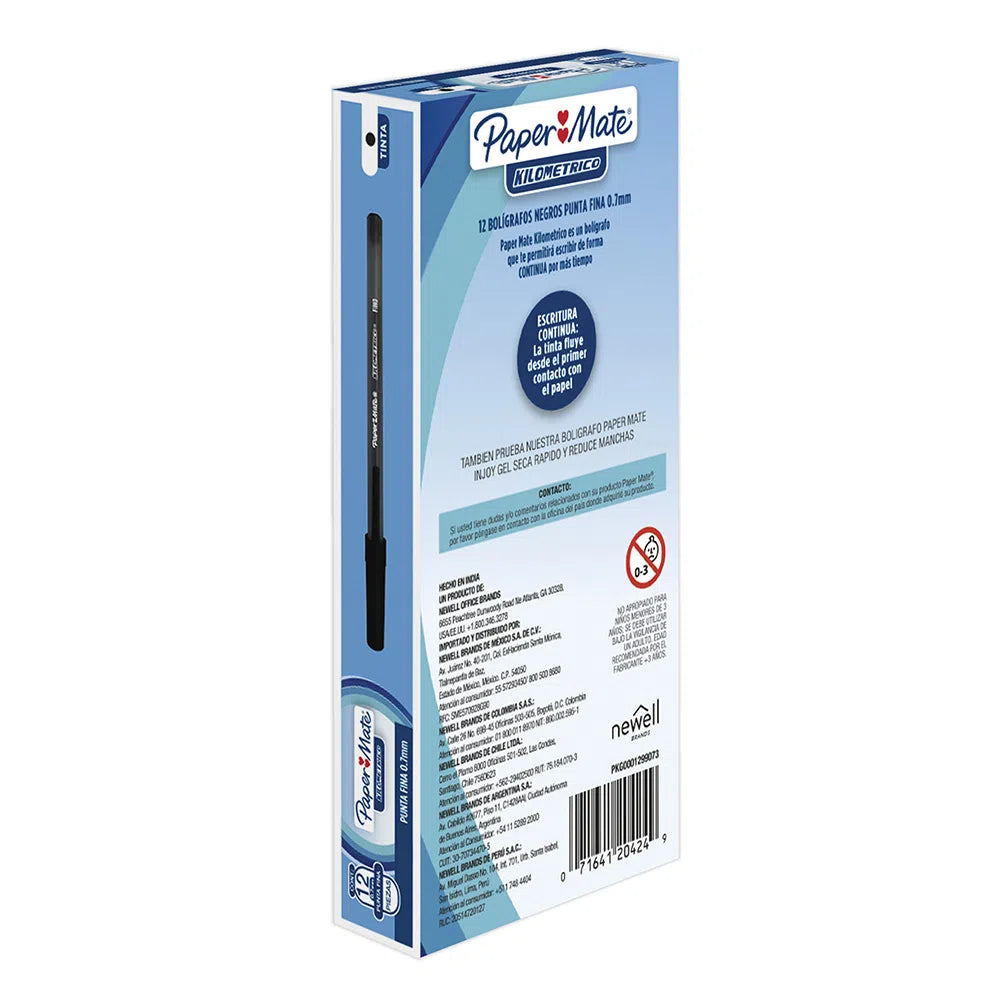 Bolígrafo Papermate Kilométrico Económico Punto Fino 0.7Mm Color Negro Caja C/12 Pzas FullOffice.com
