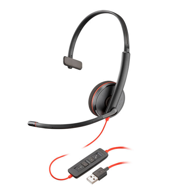 Diadema Poly Black C3210 USB-A Monoaural Negra, Cable 1.8m, Micrófono con Cancelación de Ruido