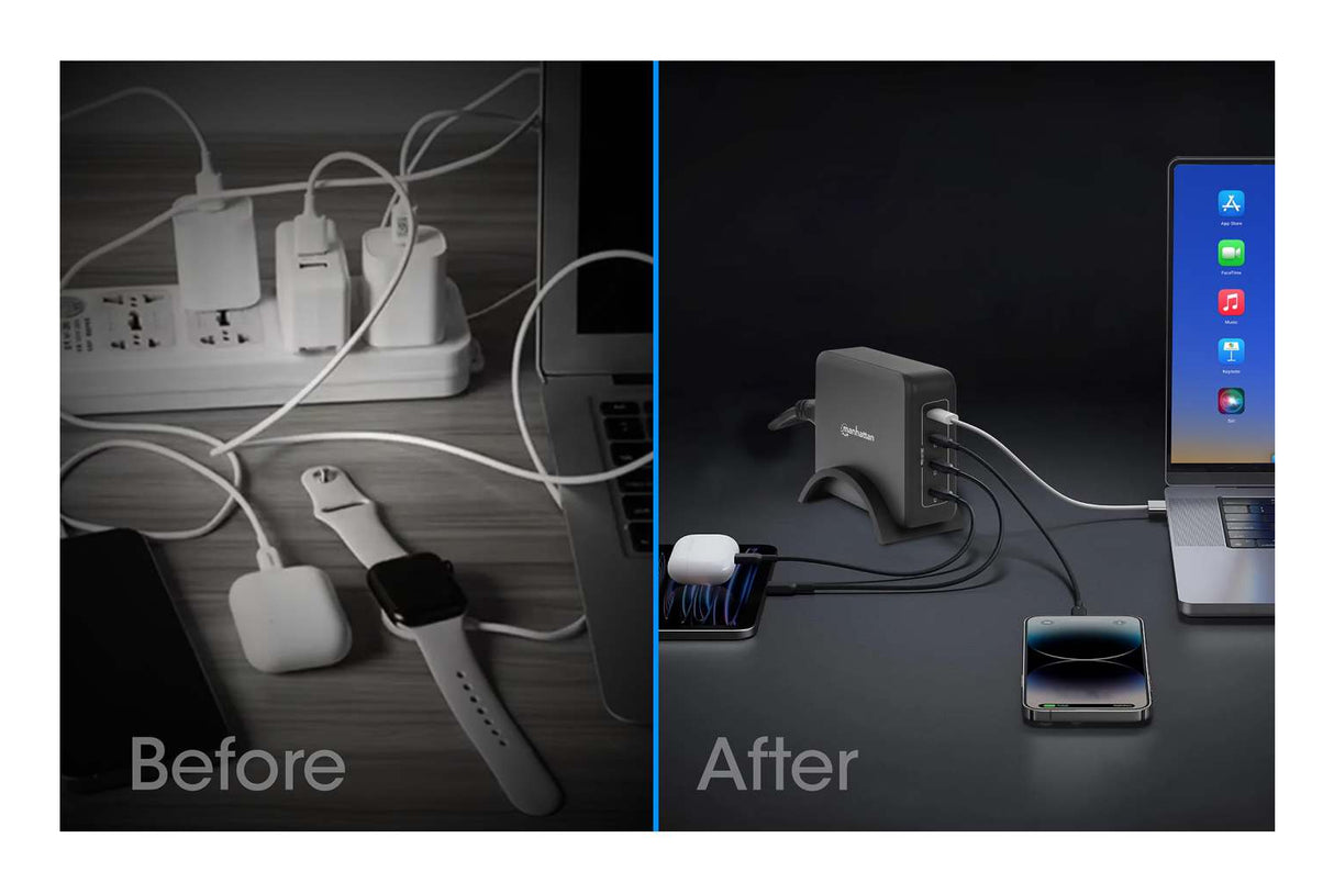 Manhattan Estación de carga GaN USB Power Delivery de 4 puertos, 240 W / PD 3.1, 4 puertos USB-C PD hasta 140 W por puerto, 240 W total, negro cargador de dispositivos móviles Corriente alterna 4 Si Interior