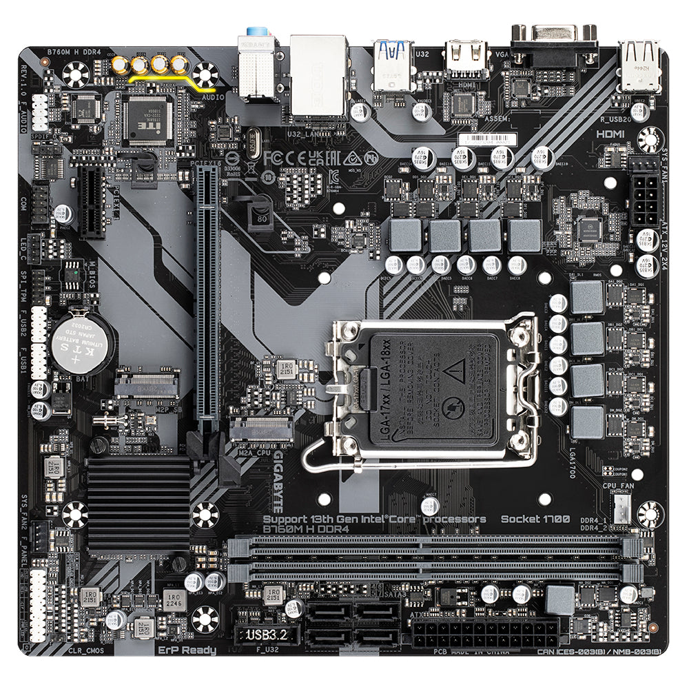 GIGABYTE B760M H DDR4 Placa base - Soporta CPUs Intel Core de 14ª generación, VRM digital de 6+1+1 fases, hasta 3200MHz DDR4 (OC), 2xPCIe 4.0 M.2, GbE LAN, USB 3.2 Gen1 placas base Intel LGA 1700 1 LGA 1700