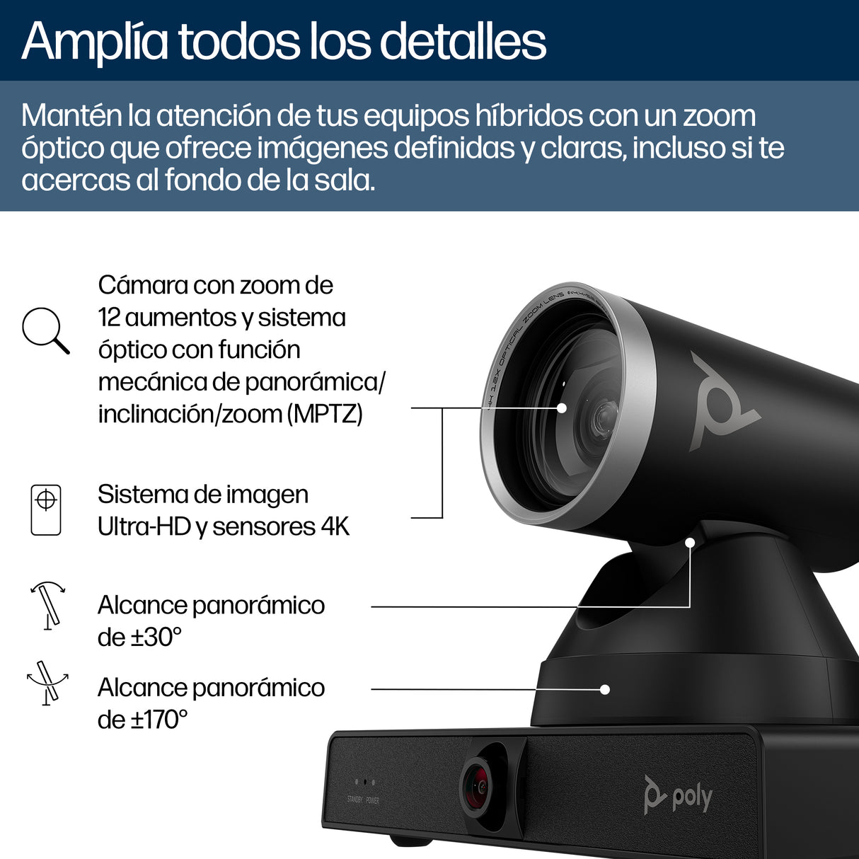 HP Poly Cámara inteligente Poly Studio E60 4K con zoom óptico de 12 aumentos y MPTZ Cámaras de videoconferencia 8 MP 8 M
