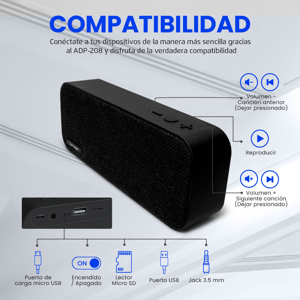 BOCINA VORAGO BLUETOOTH / MSD / USB / 3.5MM TELA NEGRO BSP-150 BK