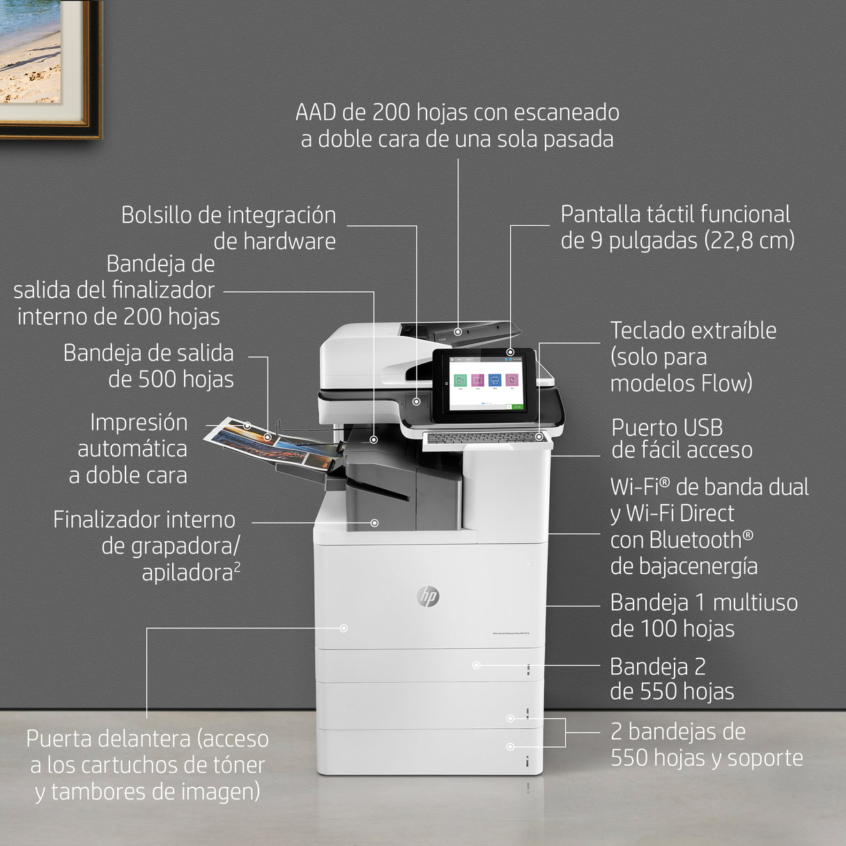 HP Color LaserJet Enterprise Flow LaserJet Enterprise Flow M776zs Inalámbrico Multifunction Color Impresora, Fotocopiadora, escáner; Dúplex Impresora Multifunción Laser WiFi Negro, Blanco