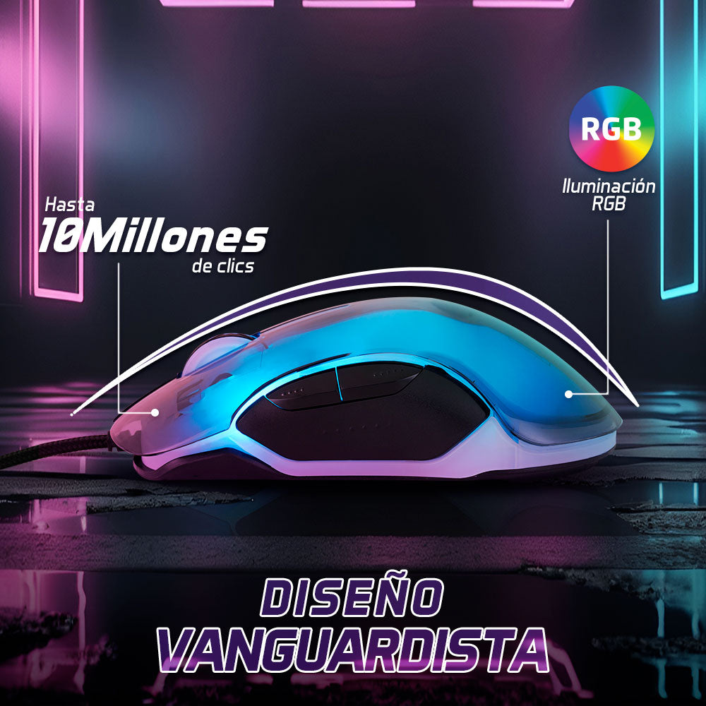 MOUSE VORAGO START THE GAME MO-505 ALAMBRICO RGB NEON HASTA 7,200 DPIS USB TRASPARENTE
