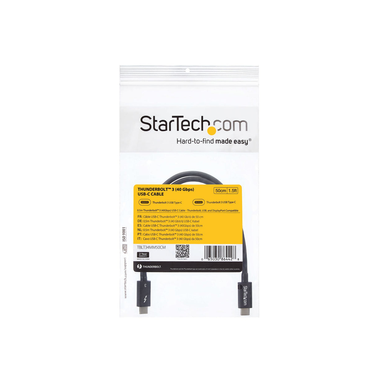 StarTech.com Cable Thunderbolt 3 Pasivo de 50cm - 40Gbps - PD 100W - Vídeo 4K/5K - Cable Thunderbolt - Certificado Thunderbolt - Compatible con USB4 / Modo Alt DP - Thunderbolt 4 - USB 3.2 - USB-C Cable Masculino Masculino 0,5 m 40 Gbit/s