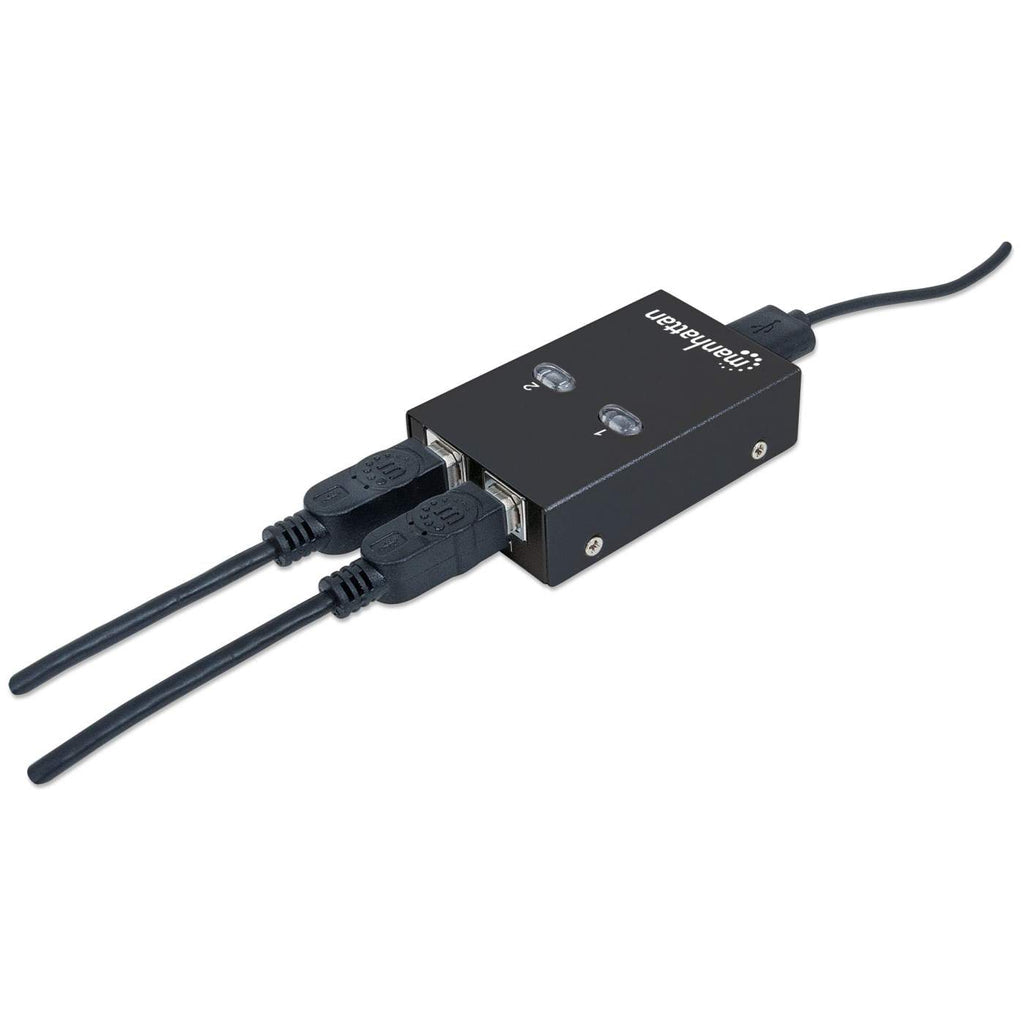 Manhattan Conmutador USB-A de uso compartido automático, 2x puertos USB-B, 480 Mbps (USB 2.0), control dual (autosensing o manual), Alimentado por USB