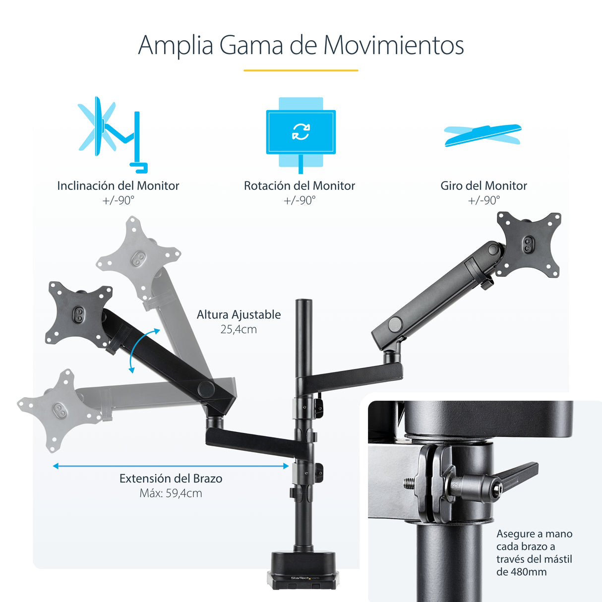 StarTech.com Brazo de Soporte para Dos Monitores - Base Soporte de Movimiento Articulado y Altura Ajustable para 2 Monit