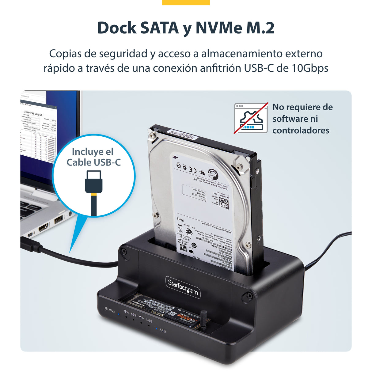 StarTech.com Clonador NVMe M.2 a SATA de 2.5/3.5 - Dock Duplicador Autónomo de 2 Bahías para SSD - Bidireccional NVMe a