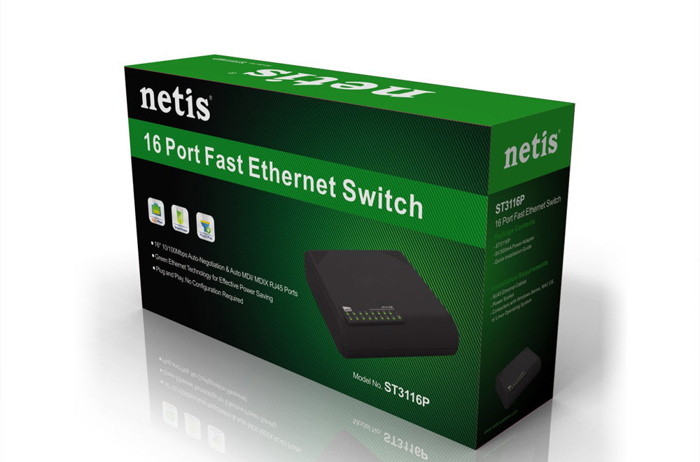 Netis System ST3116P dispositivo de redes No administrado Fast Ethernet (10/100) Negro, Bidireccional completo (Full dup