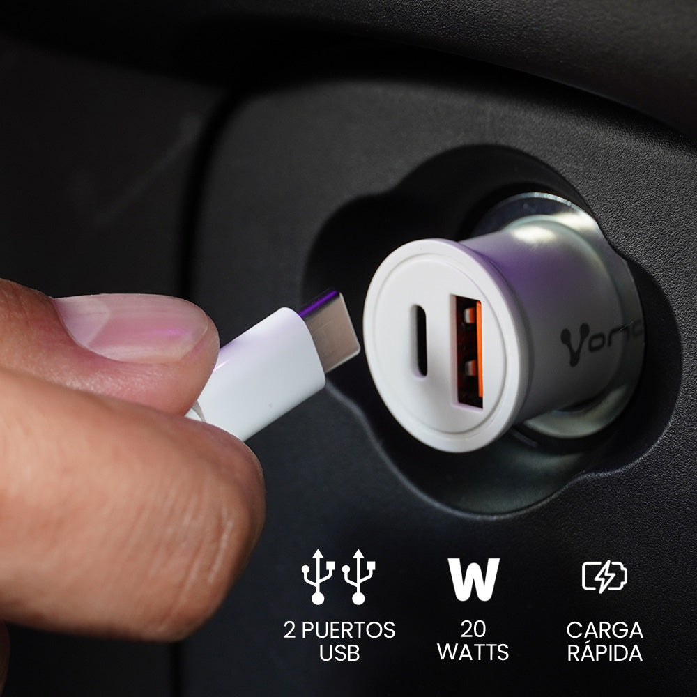 CARGADOR PARA AUTO VORAGO AU-305 TIPO C PD 20W Y USB A QUICK CHARGE 3.0 BLANCO