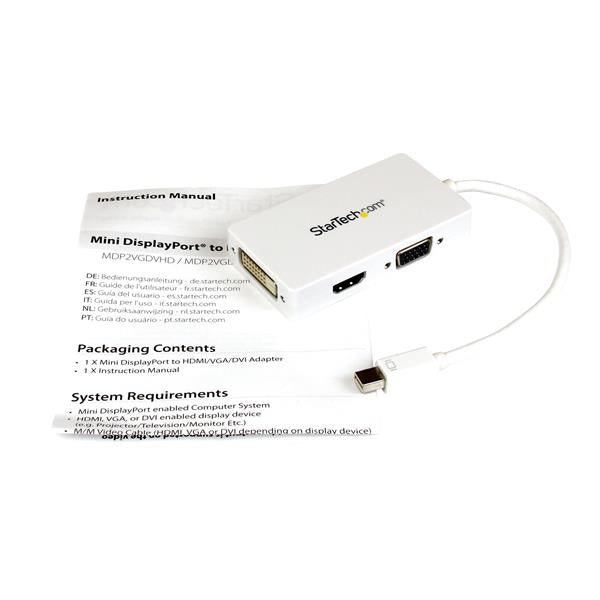 StarTech.com Adaptador Conversor de Mini DisplayPort a VGA DVI o HDMI - Convertidor A/V 3 en 1 para viajes - Blanco Cable Derecho Derecho 0,15 m Mini DisplayPort
