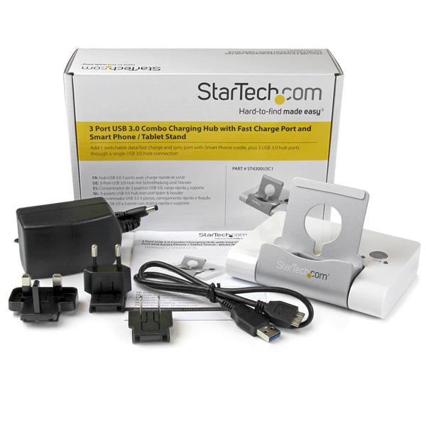 StarTech.com Concentrador USB 3.0 de 3 Puertos - Hub con Puerto de Carga Rápida (2,1A) y Base para Portátiles y Tablets