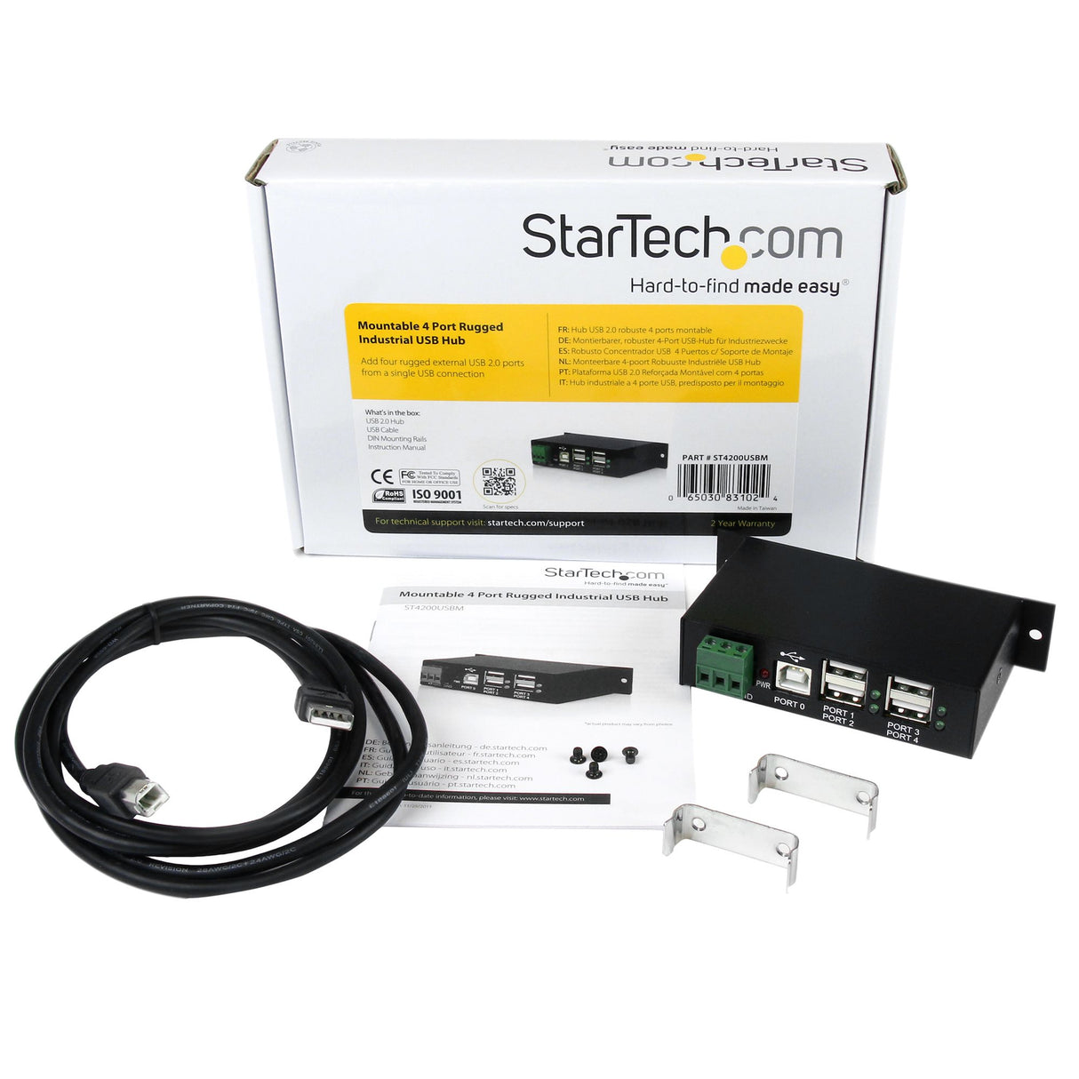 StarTech.com Hub Industrial de 4 Puertos USB 2.0 con Protección Antiestática ESD hubs de interfaz USB 2.0 Type-B USB 2.0 4 4