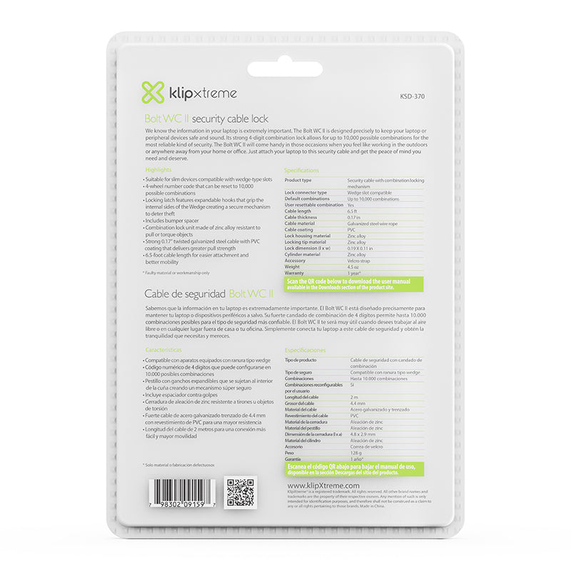 Klip Xtreme Bolt WC II cable antirrobo Negro, Plata 2 m, Brecha, Código, Acero galvanizado