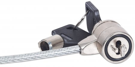 Manhattan Candado para portátil (Kensington) con 2 llaves, compatible con ranura Kensington estándar, cable de 1,5 m, antirrobo, cable de acero con funda PVC transparente, garantía de por vida Cable Plata Portátil 2 llaves PVC, Acero