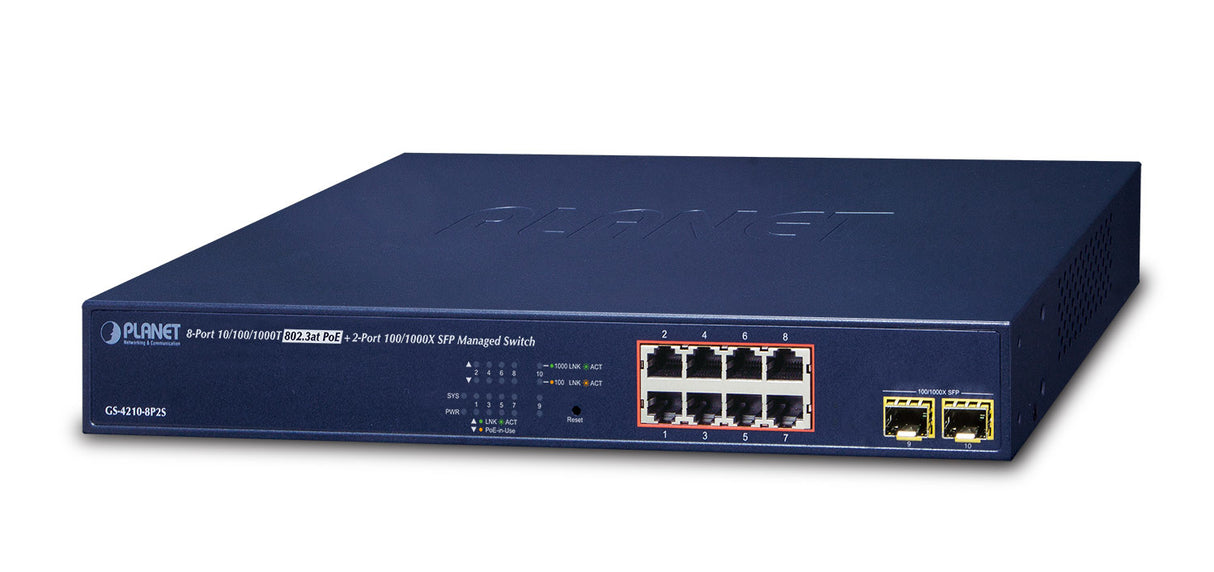 PLANET GS-4210-8P2S switch Gestionado Gigabit Ethernet (10/100/1000) Energía sobre Ethernet (PoE) 1U