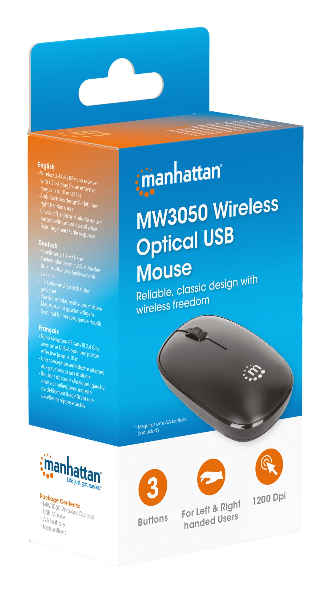 Manhattan Ratón óptico inalámbrico MW3050, negro, 1200 dpi, 2,4 GHz (hasta 10 m), USB, ambidiestro, 3 botones con rueda, receptor nano USB-A, pila AA incluida, base de baja fricción, garantía 3 años Ratón 1 Vertical Universal Óptico