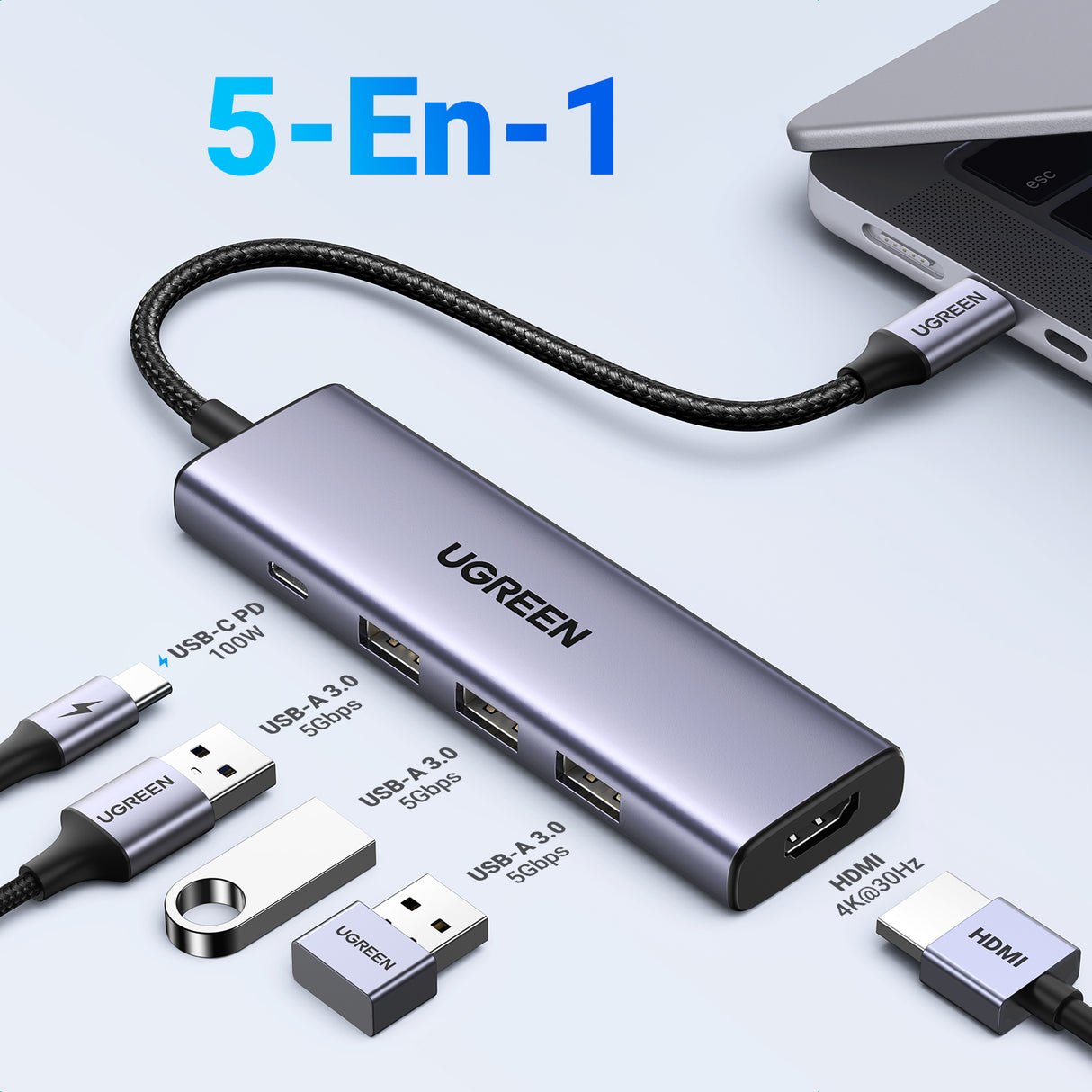 Ugreen 15596 base para portátil y replicador de puertos Alámbrico USB 3.2 Gen 1 (3.1 Gen 1) Type-A + Type-C Aluminio