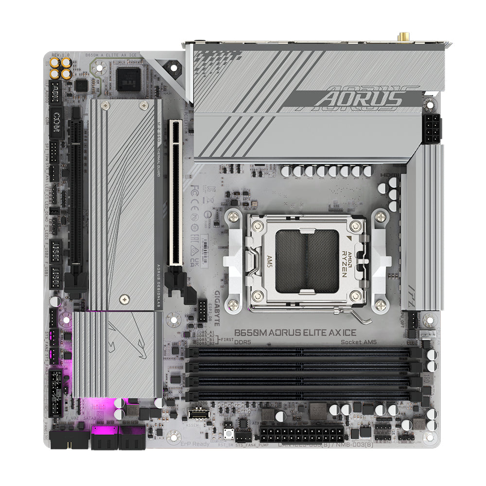GIGABYTE B650M AORUS ELITE AX ICE Placa base - AMD Ryzen serie 9000, VRM de 12+2+2 fases, hasta 8000 MHz DDR5 (OC), 1xPCIe 5.0 + 1xPCIe 4.0 M.2, LAN 2,5 GbE, WIFI 6E, USB 3.2 Gen 2x2 placas base AMD Zócalo AM5 Zócalo AM5 DDR5-SDRAM