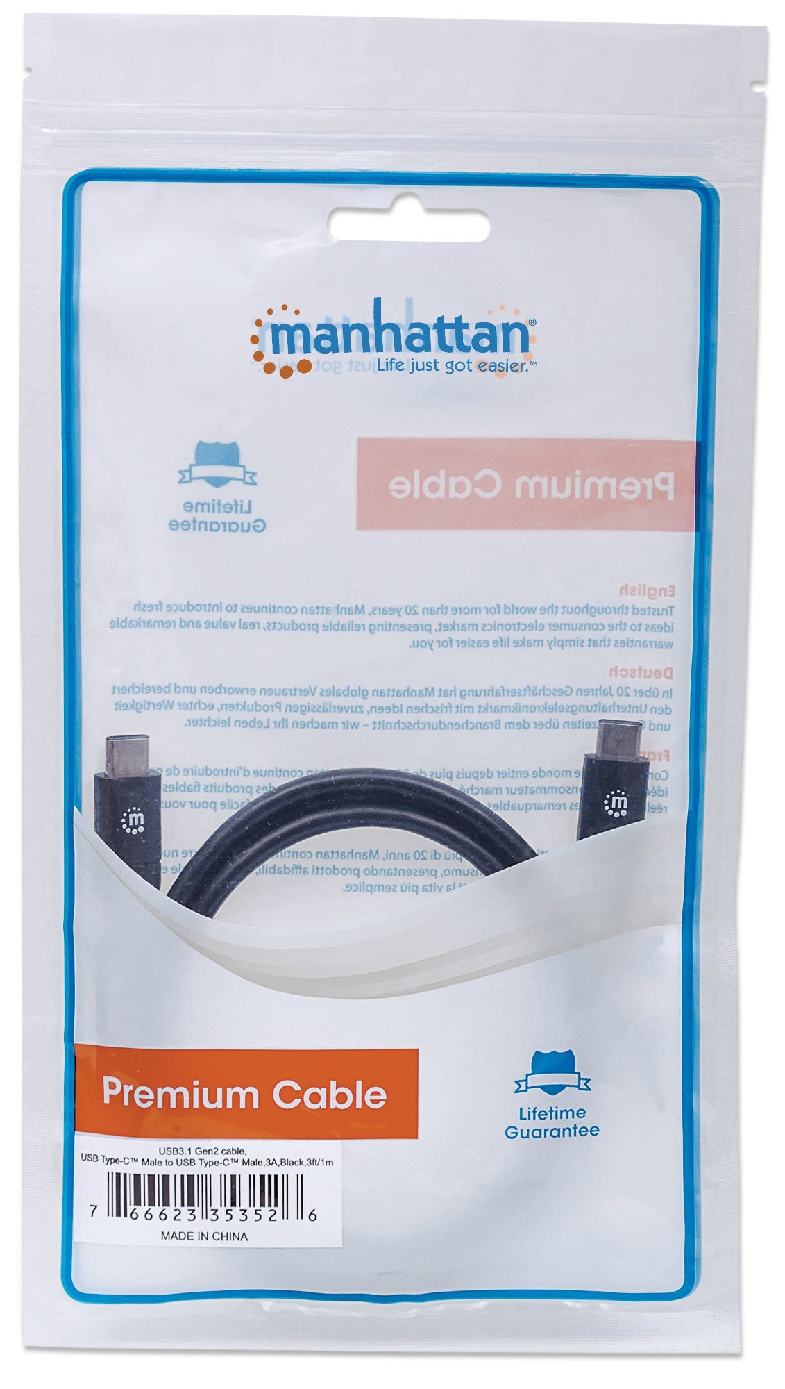 Manhattan Cable para Dispositivos USB-C de SúperVelocidad+ Cable USB 3.2 Gen 2 (3.1 Gen 2) USB C USB C Macho/Macho