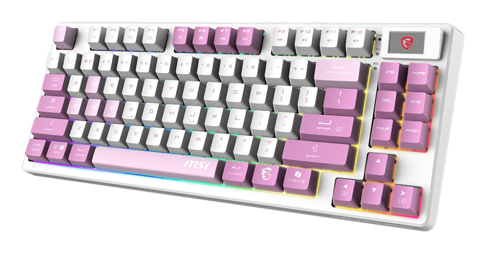 MSI FORGE GK600 TKL WIRELESS VIOLET teclado Juego USB + Bluetooth QWERTY Español Rosa, Violeta, Blanco, Inalámbrico, Interruptor mecánico, LED RGB