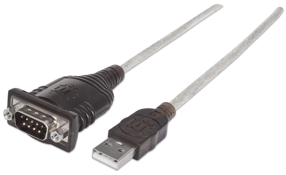 Manhattan Convertidor USB-A a serie (RS232/COM/DB9), 45 cm, macho a macho, chip FTDI FT232RL, compatible con Windows 11, negro/plata, 3 años de garantía, equivalente a ICUSB2321F Cable Plata 0,45 m USB A Serial/COM/RS232/DB9