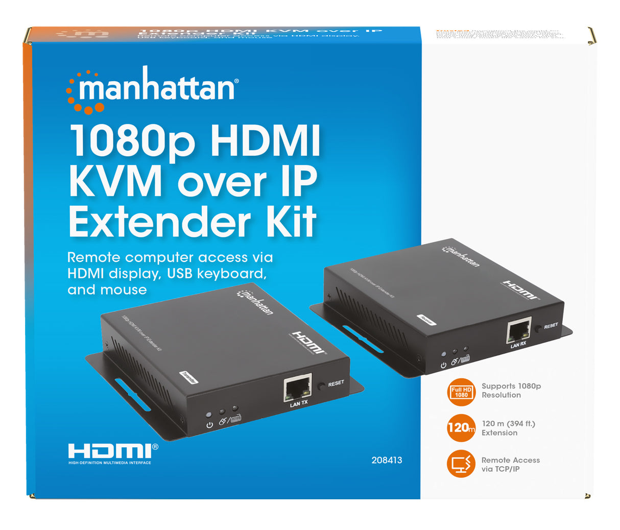 Manhattan Kit extensor KVM HDMI 1080p sobre IP, extiende señal 1080p@60 Hz hasta 120 m mediante cabl