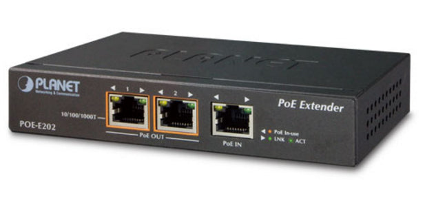 PLANET POE-E202 extensor de red Transmisor y receptor de red Negro 10, 100, 1000 Mbit/s, Completo, Semi (dúplex)