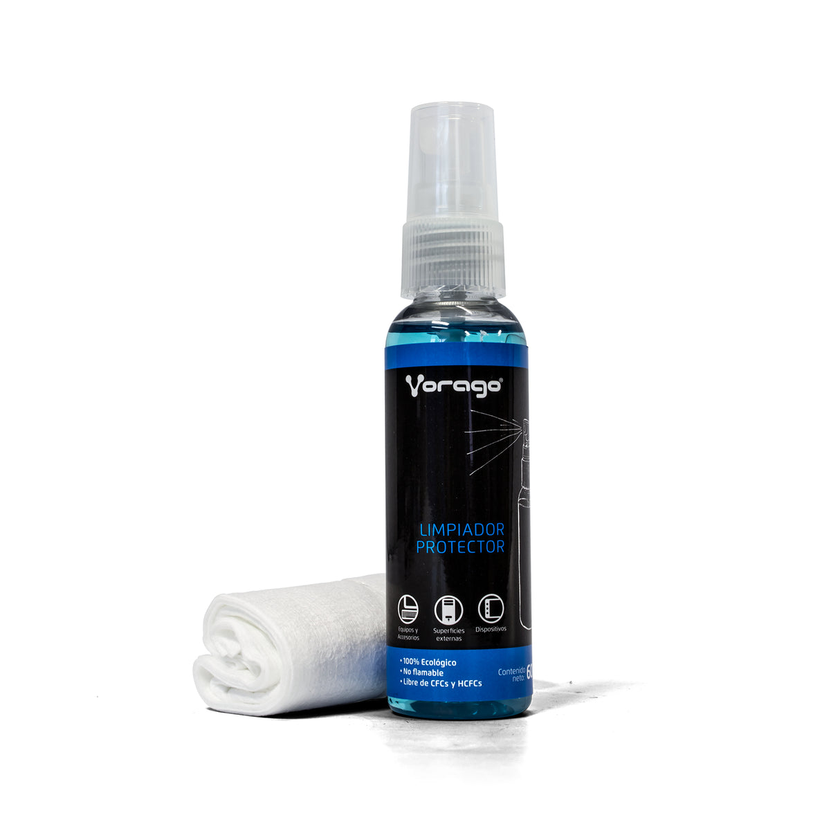 Vorago CLN-200 kit de limpieza para equipos Metal/Plástico Paño seco y espray para limpieza de equipos 60 ml, Microfibra