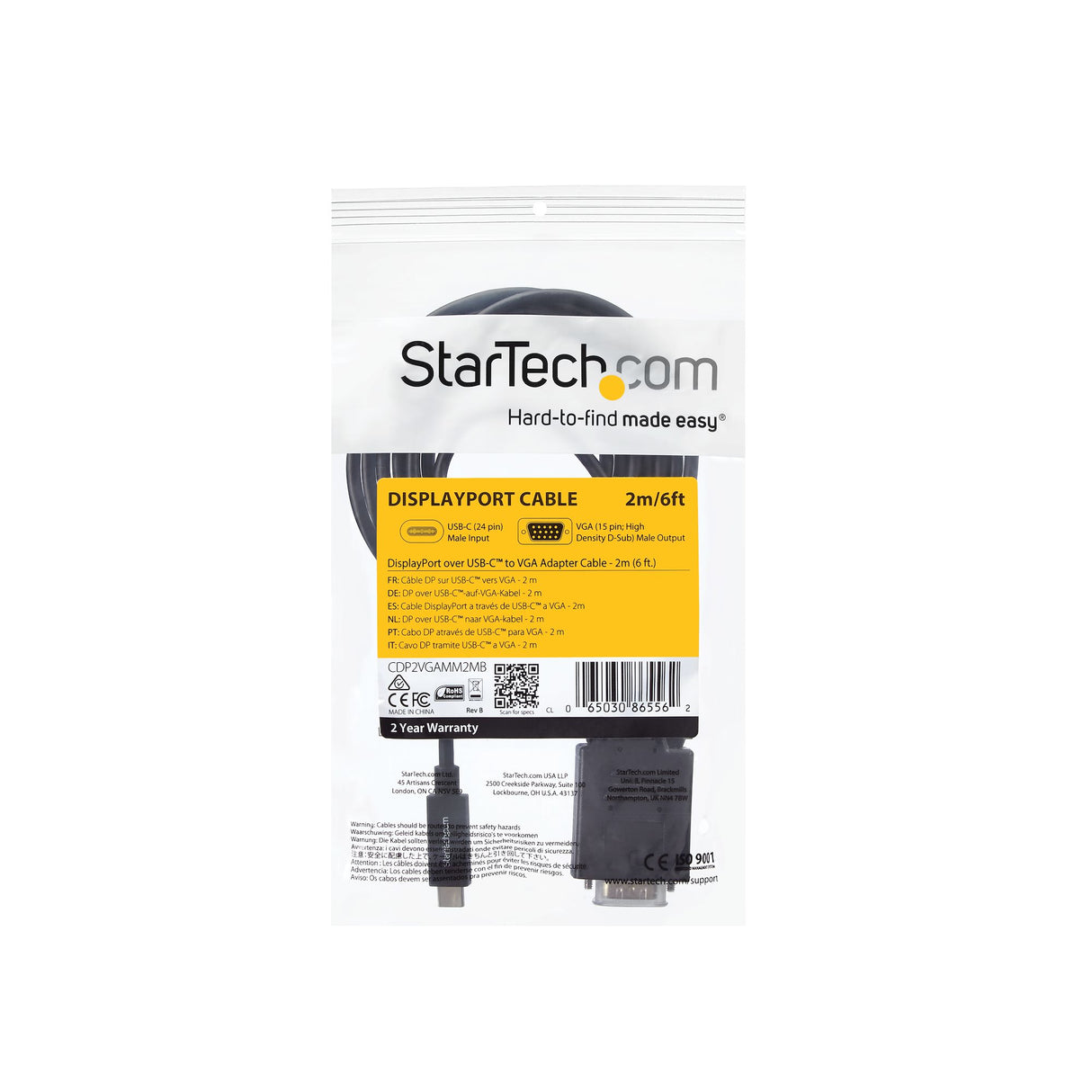 StarTech.com Cable de 2m USB C a VGA - Cable Adaptador Activo de Vídeo de 1920x1200/1080p USB Tipo C a VGA - Compatible